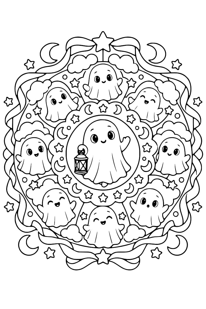 Illustration en noir et blanc d’un grand fantôme souriant avec une lanterne au centre d’un mandala, entouré de six petits fantômes, de lunes, d’étoiles, de nuages et de rubans.
