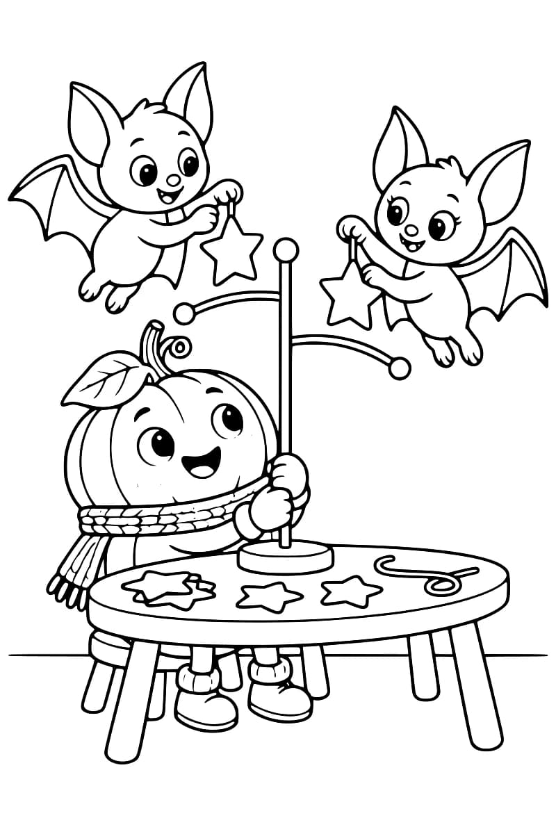 Dessin à colorier de deux chauves-souris tenant chacune une étoile près d’un mobile, tandis qu’un personnage en forme de citrouille, portant une écharpe, en maintient le pied sur une table où sont posés d’autres étoiles et un fil.
