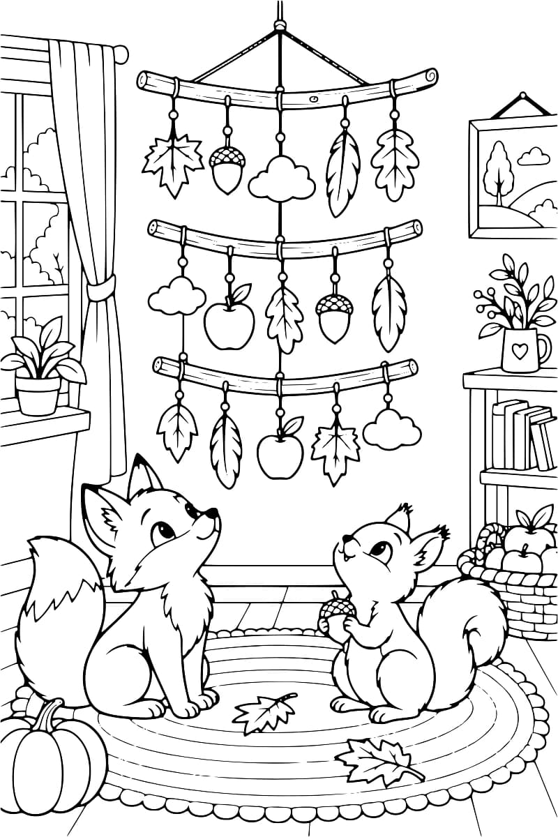 Deux petits animaux, un renard et un écureuil, observent un mobile décoré de feuilles, de glands, de pommes, de plumes et de nuages dans une pièce aux accents automnaux.