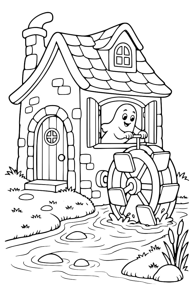 Dessin à colorier d’un moulin au toit courbé et à la cheminée tordue, avec un fantôme souriant à une fenêtre ouverte, les mains sur une manivelle reliée à une grande roue à eau. Le ruisseau est bordé d’herbe, de pierres et de roseaux.