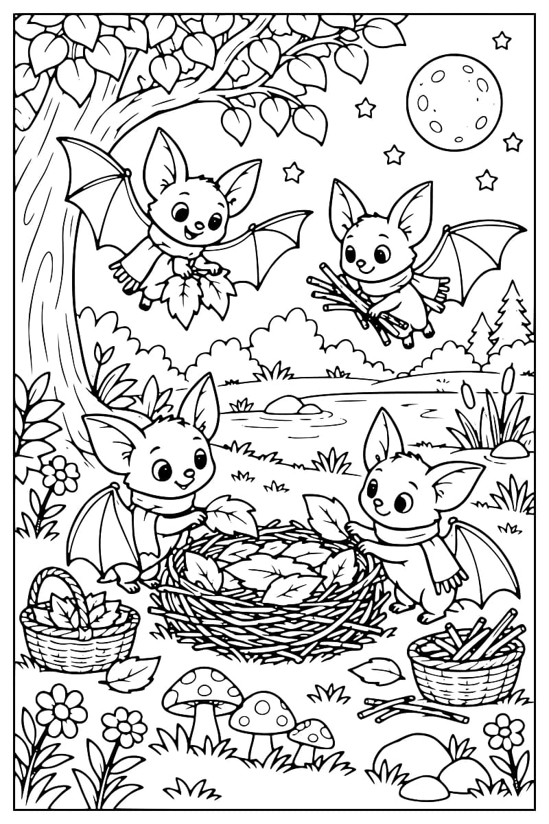 Illustration en noir et blanc de quatre chauves-souris ailées portant des écharpes, réunies autour d’un nid de feuilles et de brindilles, avec un arbre, un étang, la lune et des étoiles en arrière-plan.
