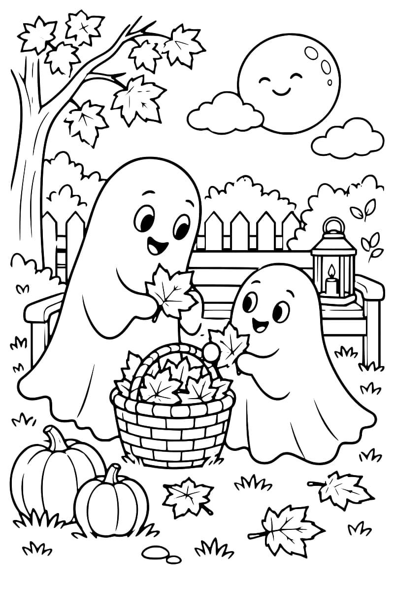 Deux fantômes souriants déposent des feuilles dans un panier tressé devant une maison, avec des citrouilles, des arbres et des nuages.