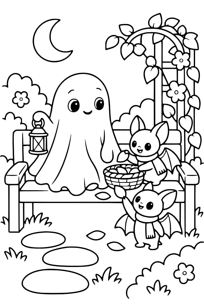Coloriage en grandes zones montrant un fantôme avec une lanterne, deux chauves-souris en écharpe, un panier de pétales et une tonnelle fleurie.