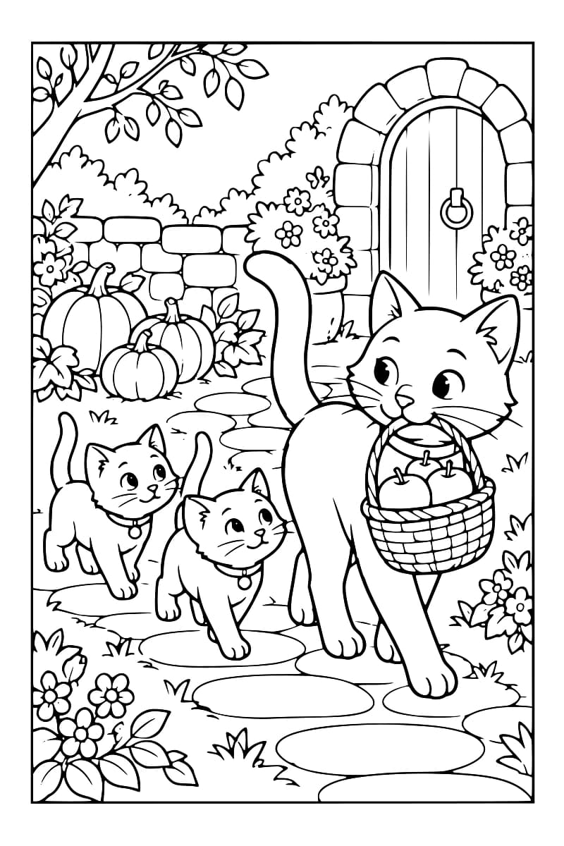 Coloriage représentant un chat portant un panier de pommes, accompagné de deux chatons devant une porte entourée de fleurs et de citrouilles.