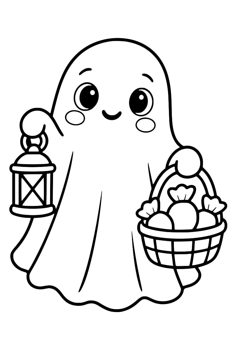 La mascotte fantôme avec sa lanterne et un panier de bonbons.