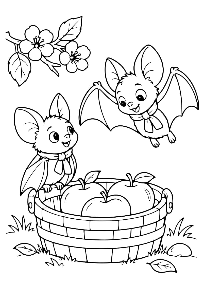 Une chauve-souris en écharpe est posée sur un panier de pommes tandis qu’une autre vole au-dessus, près de fleurs de pommier.