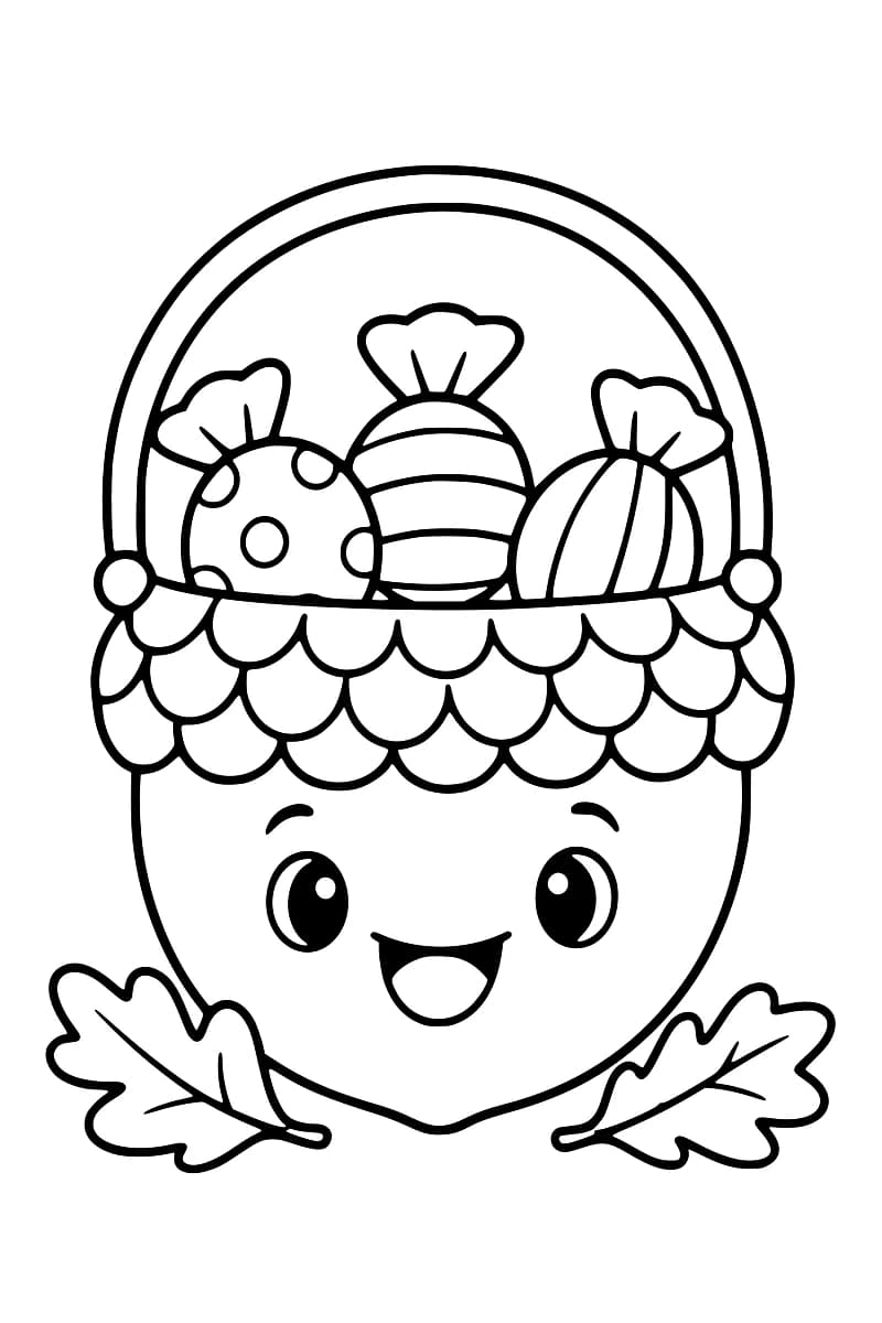 Illustration en noir et blanc d’un panier souriant en forme de gland, rempli de trois friandises et entouré de feuilles d’automne.