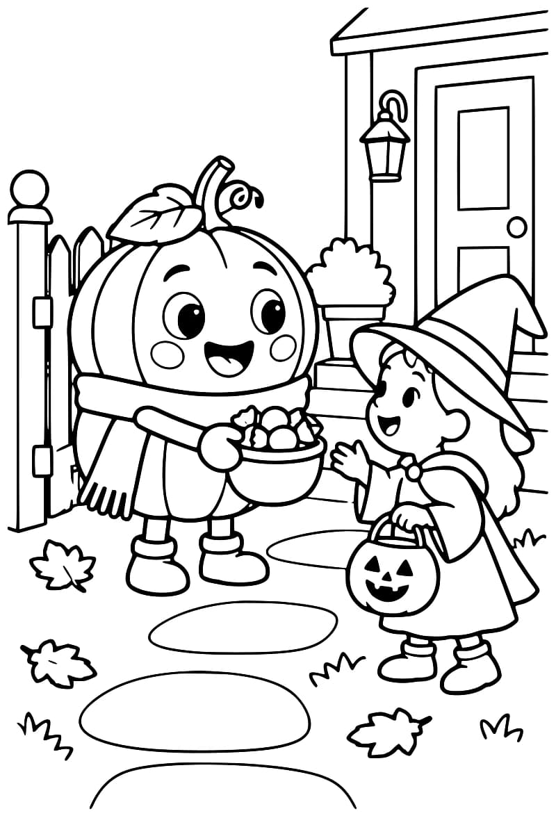 Dessin de coloriage en noir et blanc montrant une citrouille souriante tendant un panier de bonbons à une petite sorcière devant une maison, avec des feuilles au sol.