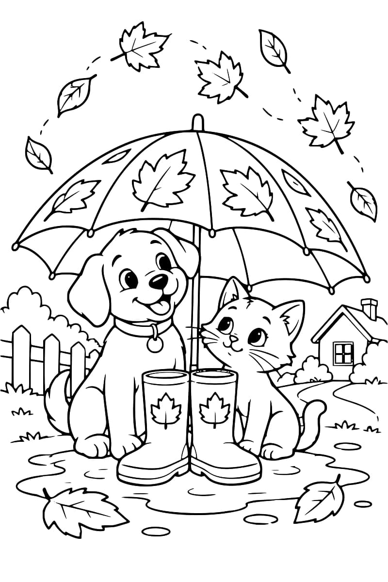 Dessin en noir et blanc d’un chiot et d’un chaton sous un grand parapluie couvert de feuilles, à côté de bottes ornées de feuilles, avec une maison et des feuilles tombées en arrière-plan.