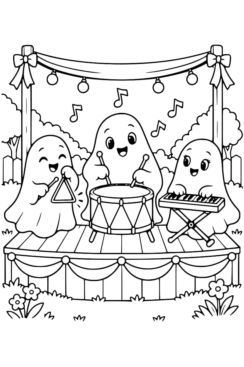 Trois fantômes souriants jouent du triangle, du tambour et du clavier sur une petite scène extérieure.
