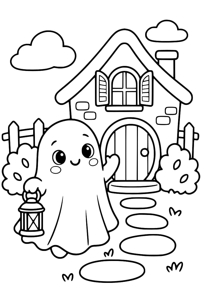 Dessin en noir et blanc d’un fantôme souriant avec une lanterne devant une maison aux volets ouverts.