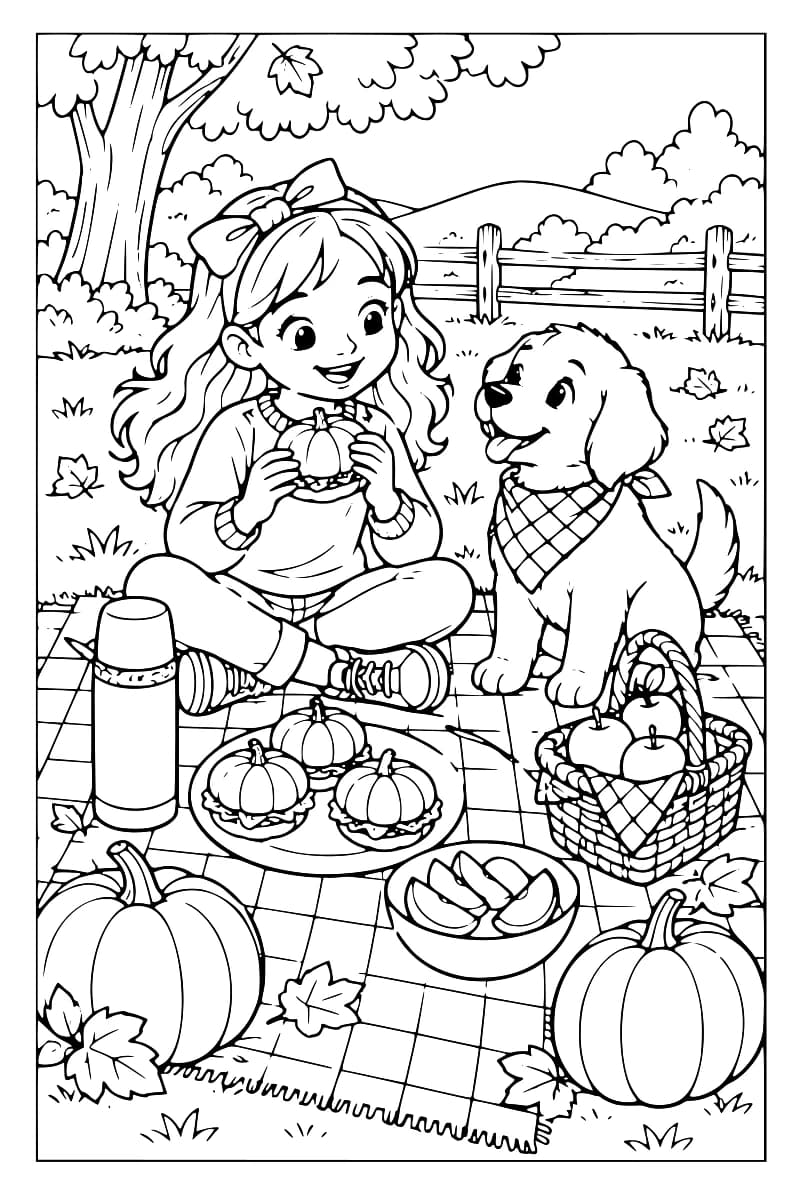 Une fillette assise sur une couverture tient une petite citrouille près de son chien, avec des gâteaux, des fruits, un panier et plusieurs citrouilles autour d’eux.