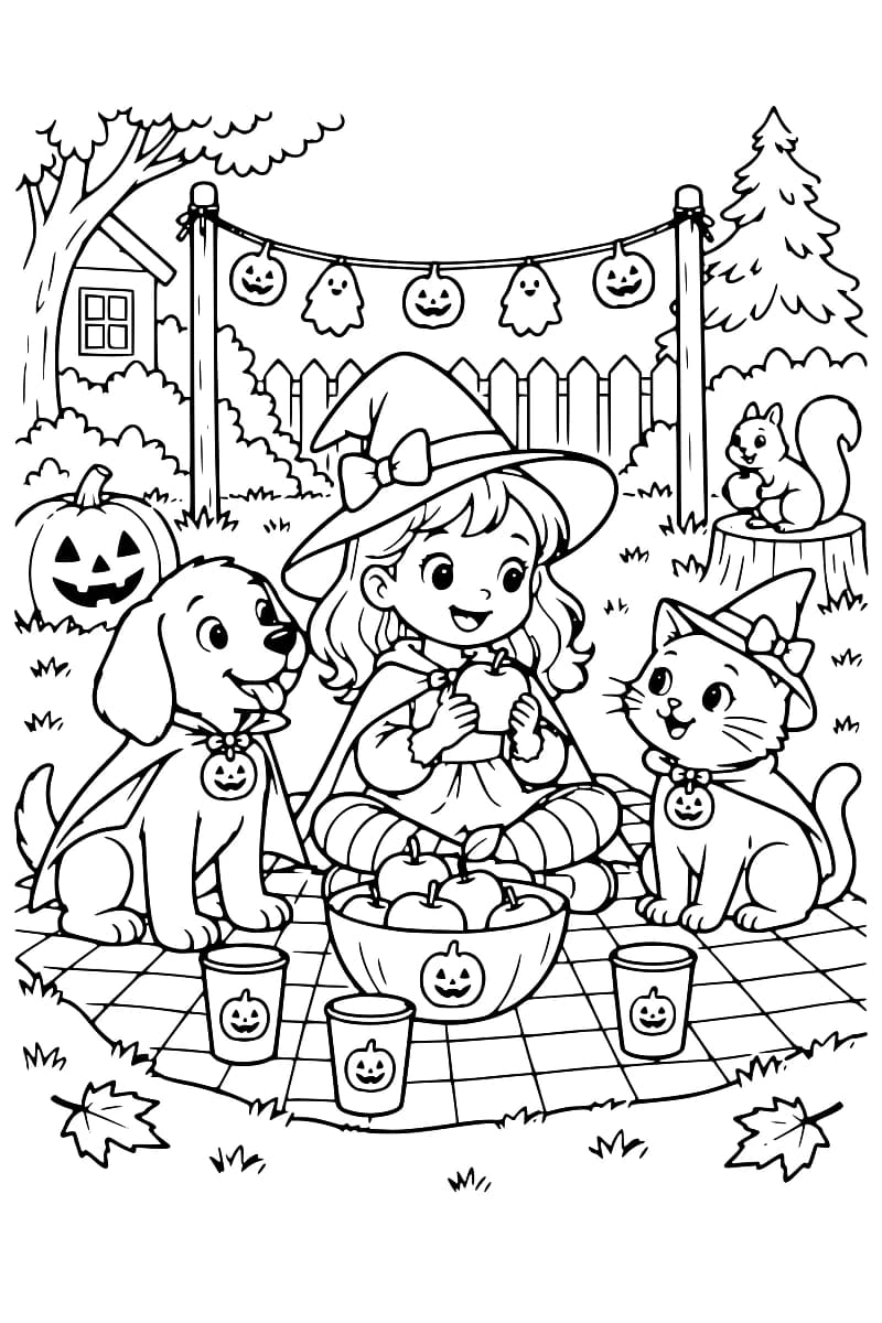 Une jeune sorcière est assise sur une couverture à carreaux entre un chien et un chat, devant un bol de pommes et des gobelets ornés de citrouilles, dans un jardin décoré pour Halloween.