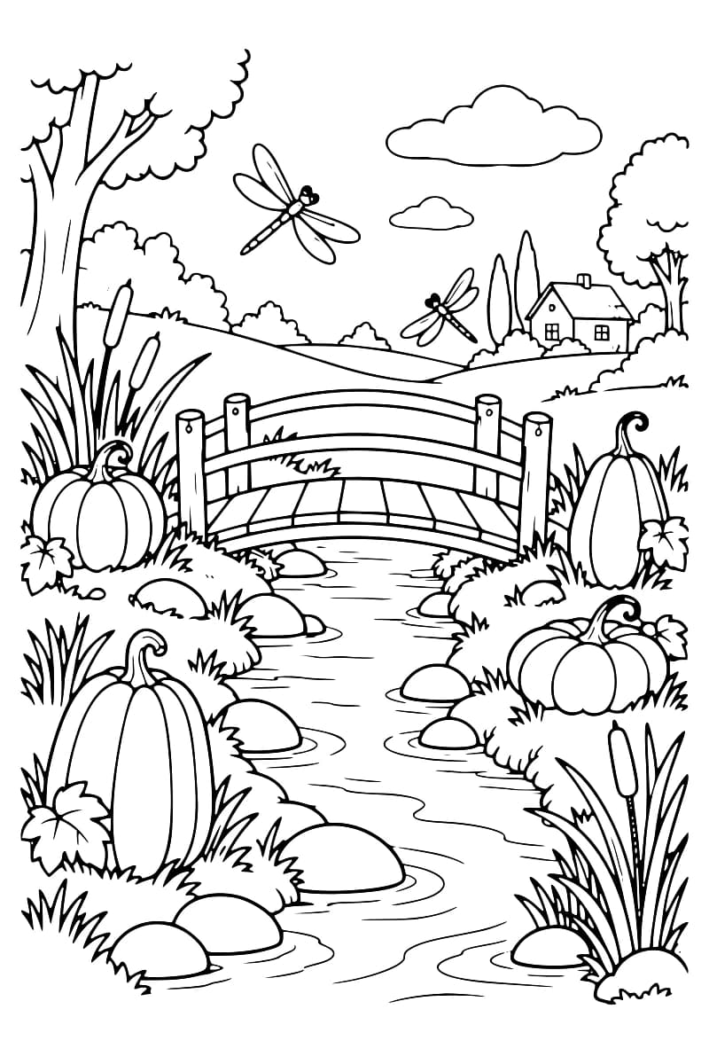 Dessin en noir et blanc d’un pont en bois au-dessus d’un ruisseau, entouré de nombreuses citrouilles, de roseaux, d’arbres et de libellules.