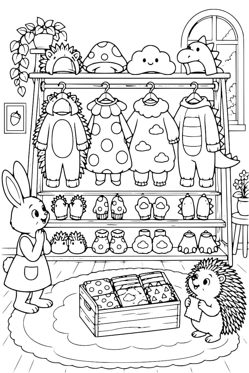 Illustration en noir et blanc montrant un portant rempli de déguisements de hérisson, de champignon, de nuage et de dinosaure, avec des accessoires disposés sur les étagères, un lapin et un hérisson au premier plan.