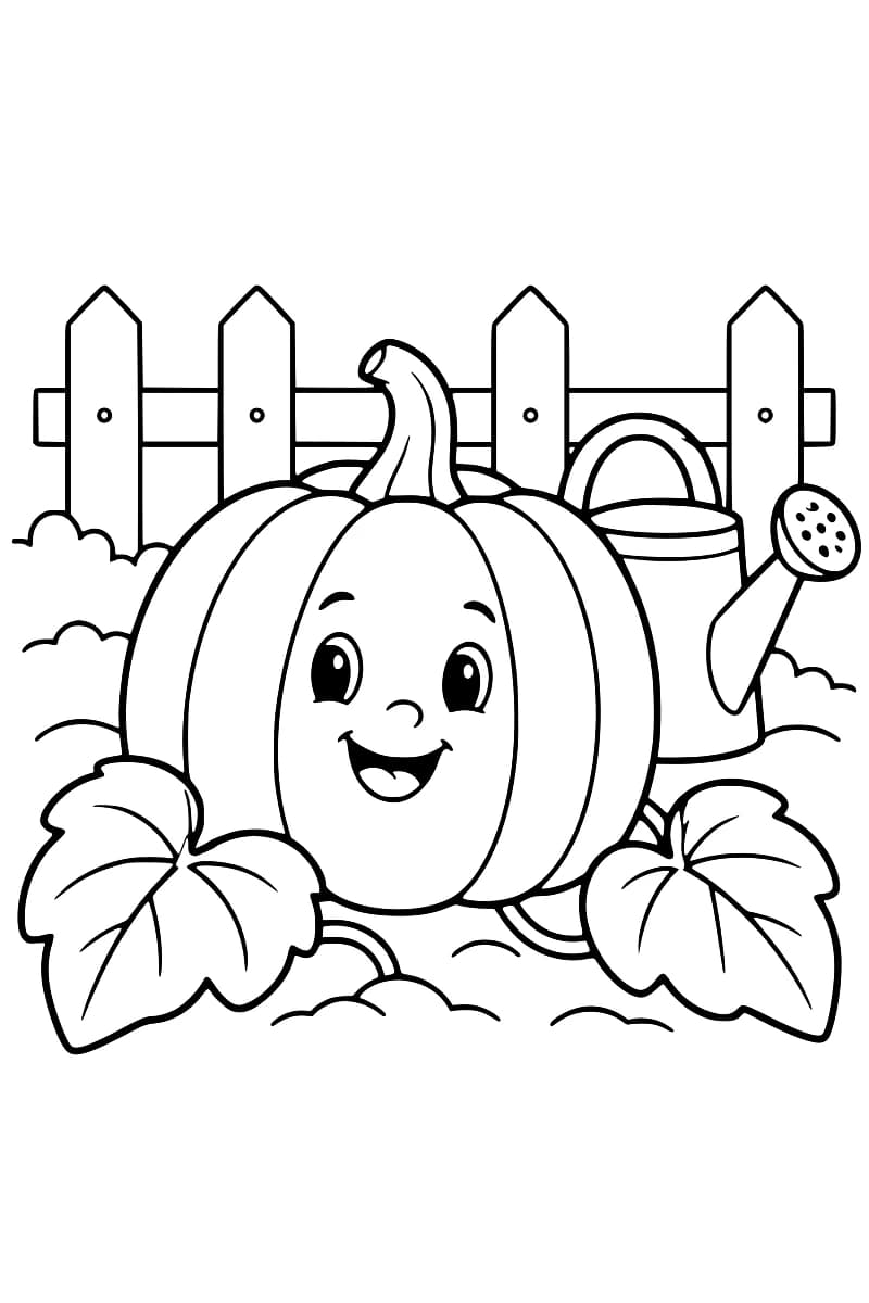 Dessin en noir et blanc d’un potiron souriant entouré de grandes feuilles, avec un arrosoir et une clôture en arrière-plan.