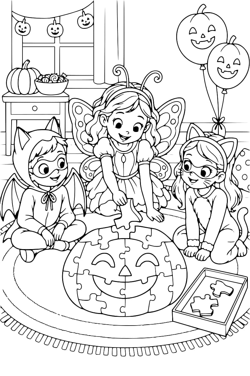 Dessin à colorier de trois enfants costumés autour d’un puzzle en forme de citrouille souriante. L’enfant au centre tient une pièce et deux autres pièces sont dans une boîte ouverte. Des ballons et une guirlande en forme de citrouilles décorent la pièce.