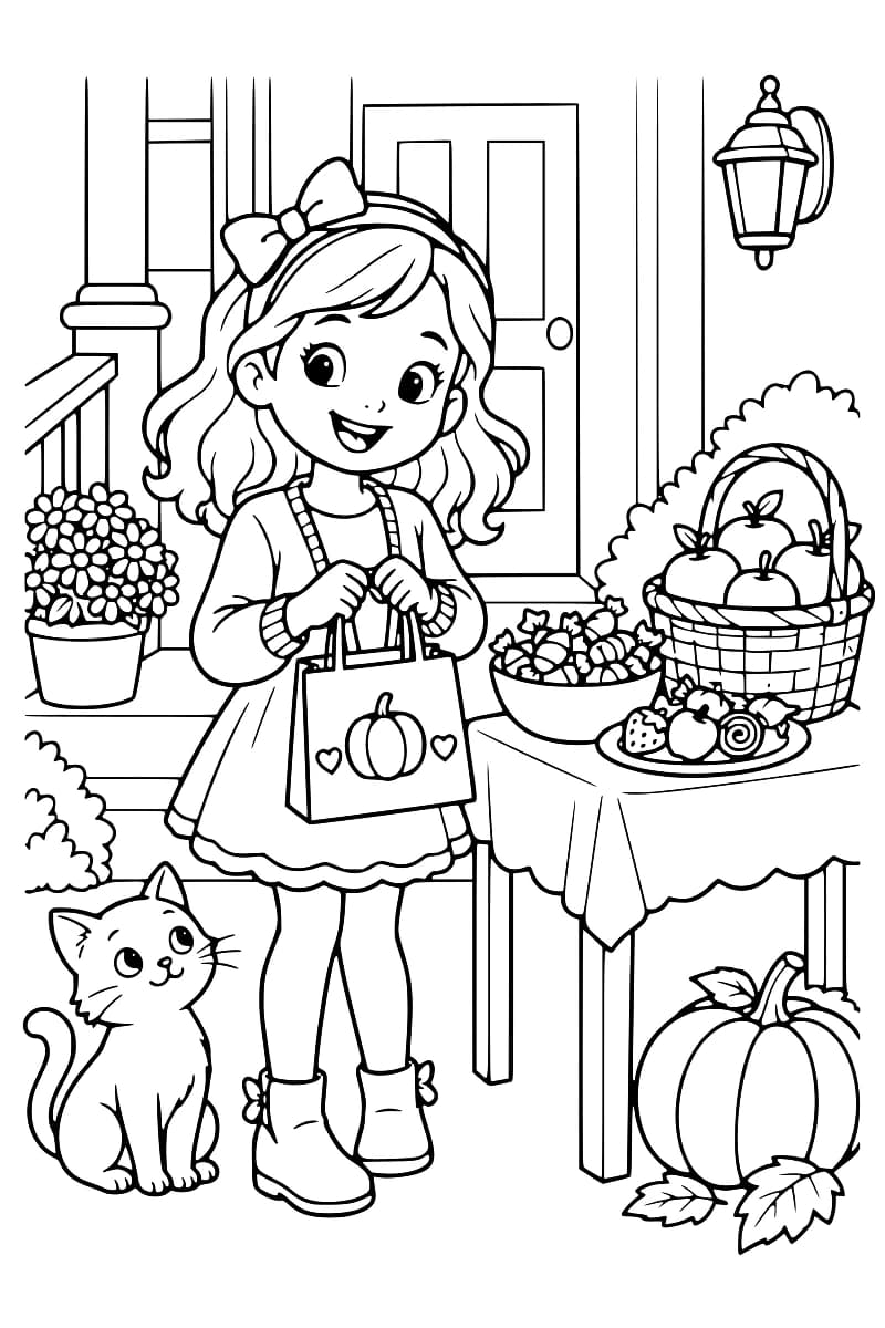 Dessin en noir et blanc d’une fillette avec un sac à friandises, accompagnée d’un chat, devant une table de porche décorée de bonbons, de pommes et de citrouilles.