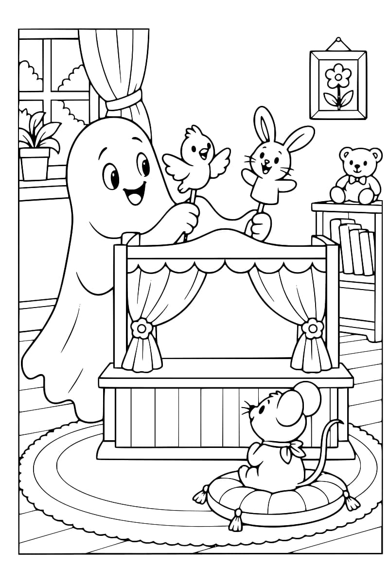 Dessin en noir et blanc montrant un fantôme derrière un théâtre de marionnettes, avec un oiseau et un lapin, tandis qu’une souris regarde le spectacle.