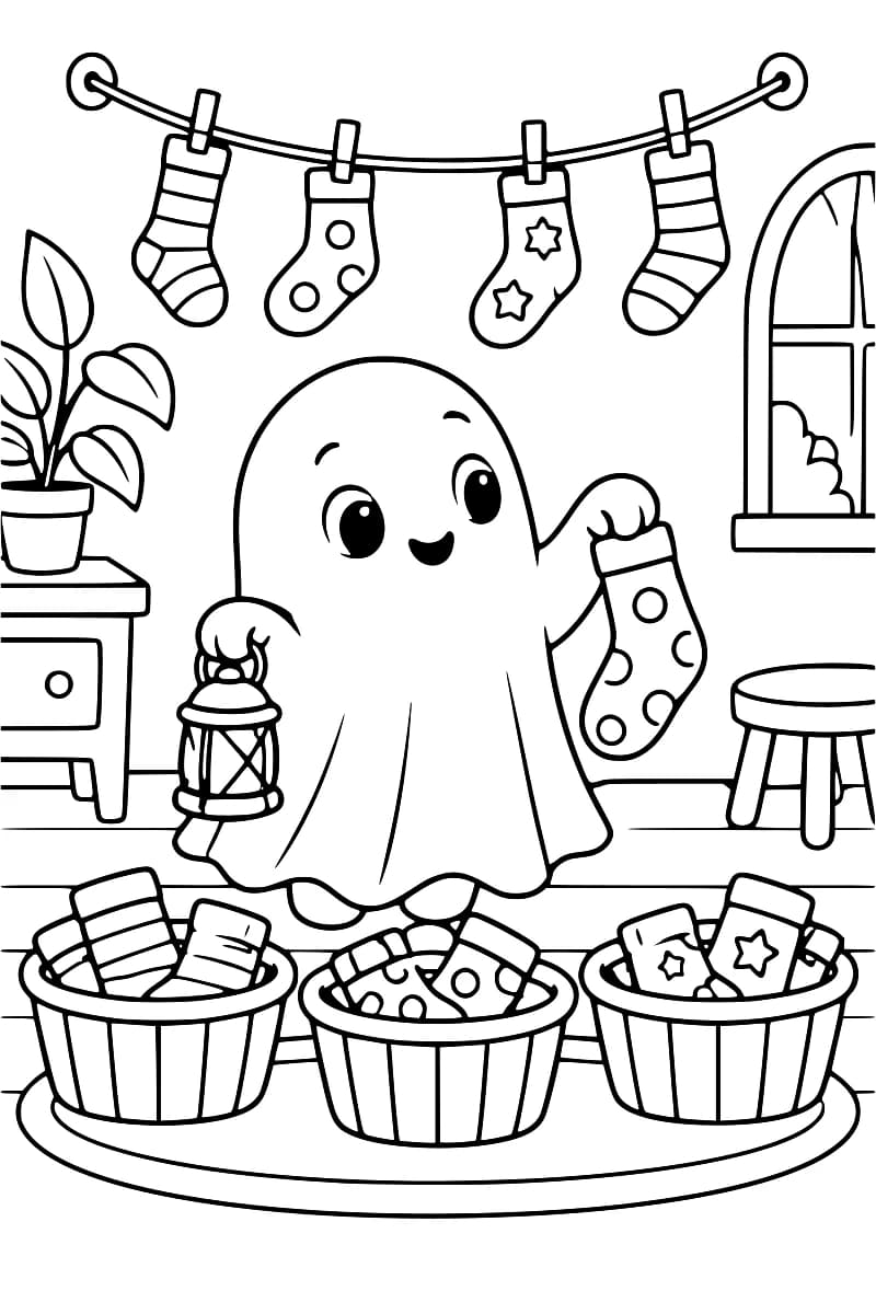 Illustration en noir et blanc d’un fantôme souriant tenant une chaussette et triant du linge dans trois paniers, sous une corde à linge.