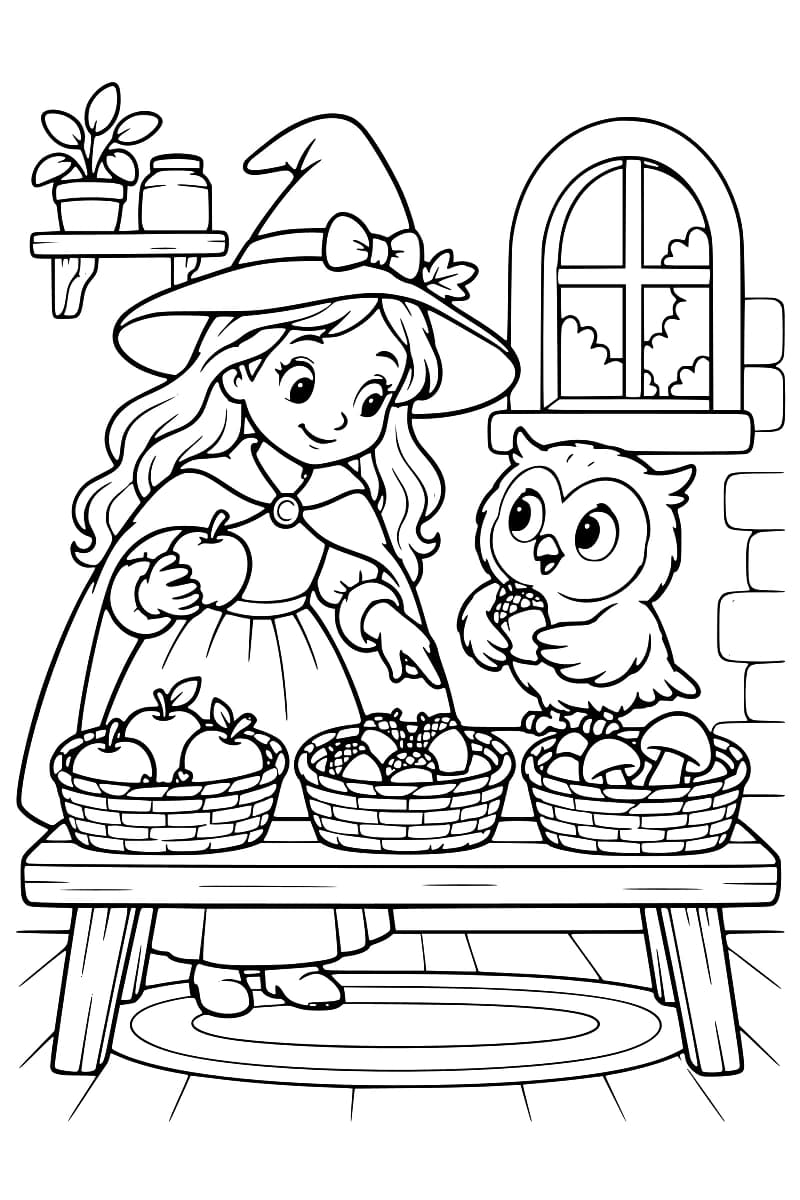 Dessin en noir et blanc d’une sorcière avec un hibou devant trois paniers contenant des pommes, des champignons et des glands.