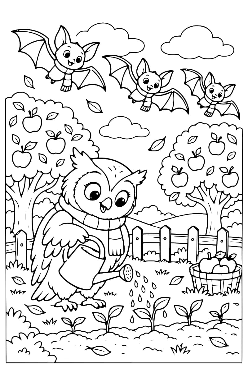 Dessin en noir et blanc montrant trois chauves-souris volant au-dessus d’un verger, tandis qu’un hibou arrose des semis avec un arrosoir.