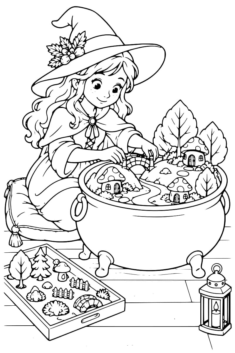 Dessin au trait d’une sorcière assise sur un coussin, les mains sur un pont dans un grand chaudron contenant une rivière, des maisons champignons et des arbres. Un plateau de petits éléments de décor et une lanterne sont posés au sol.