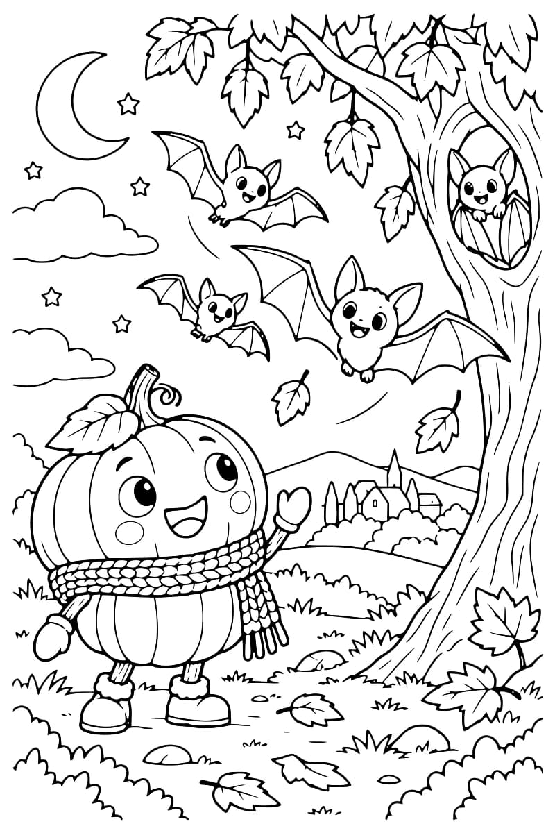 Une citrouille souriante regarde plusieurs chauves-souris quitter un arbre sous des nuages et des étoiles.