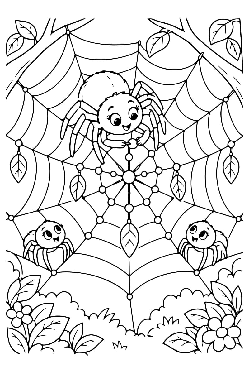 Trois araignées souriantes apparaissent sur une grande toile d’araignée ornée de feuilles, de fleurs et de formes circulaires.