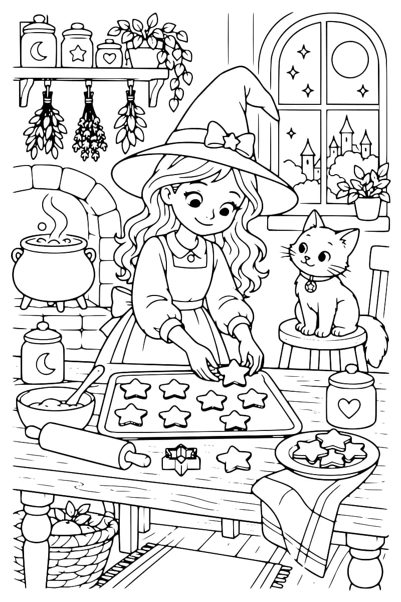Dessin en noir et blanc d’une sorcière portant un chapeau, préparant des biscuits étoilés sur une table, avec un chat, un chaudron, des bocaux et une fenêtre en arrière-plan.