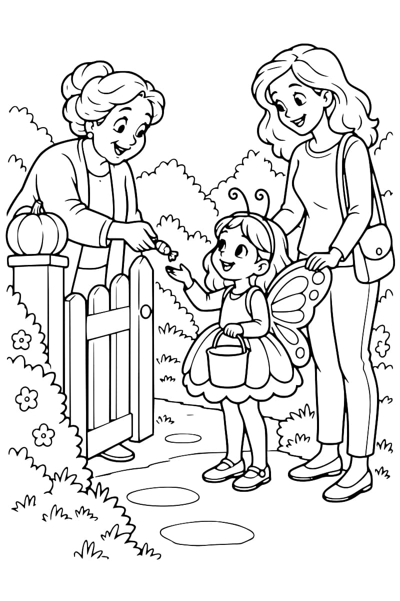Un voisin offre un bonbon à un enfant costumé accompagné au jardin.
