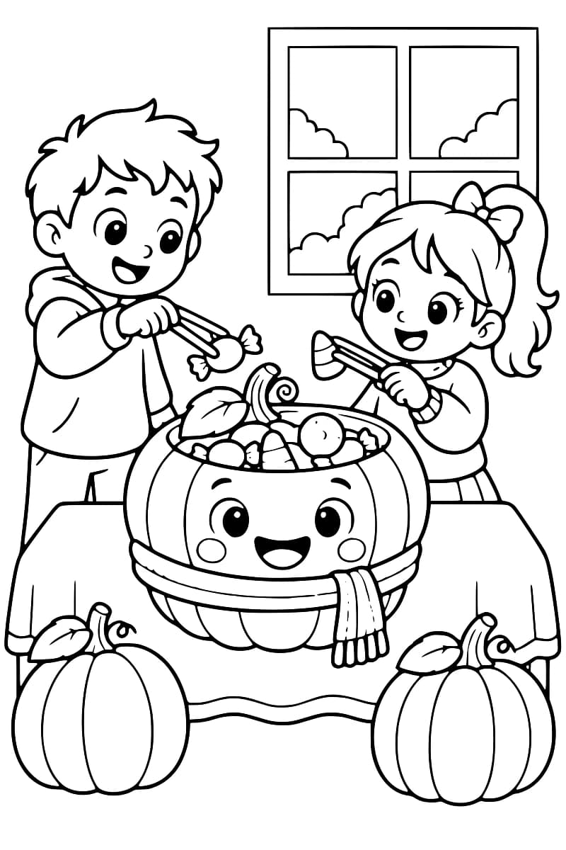 Dessin en noir et blanc de deux enfants choisissant des bonbons dans un saladier-citrouille, avec deux citrouilles posées au sol.