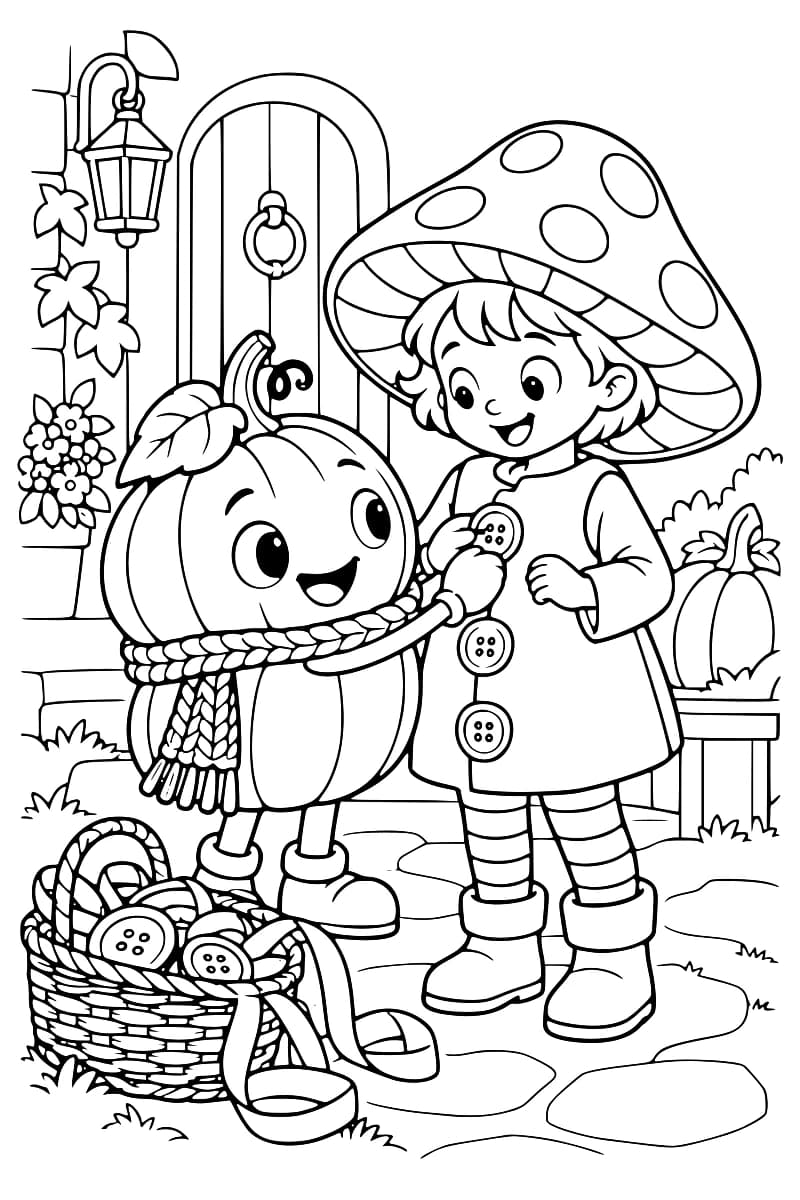 Dessin à colorier d’une citrouille souriante portant une écharpe qui ajuste un gros bouton du costume d’un enfant coiffé d’un grand chapeau de champignon à pois, avec un panier de rubans et de boutons à leurs pieds.
