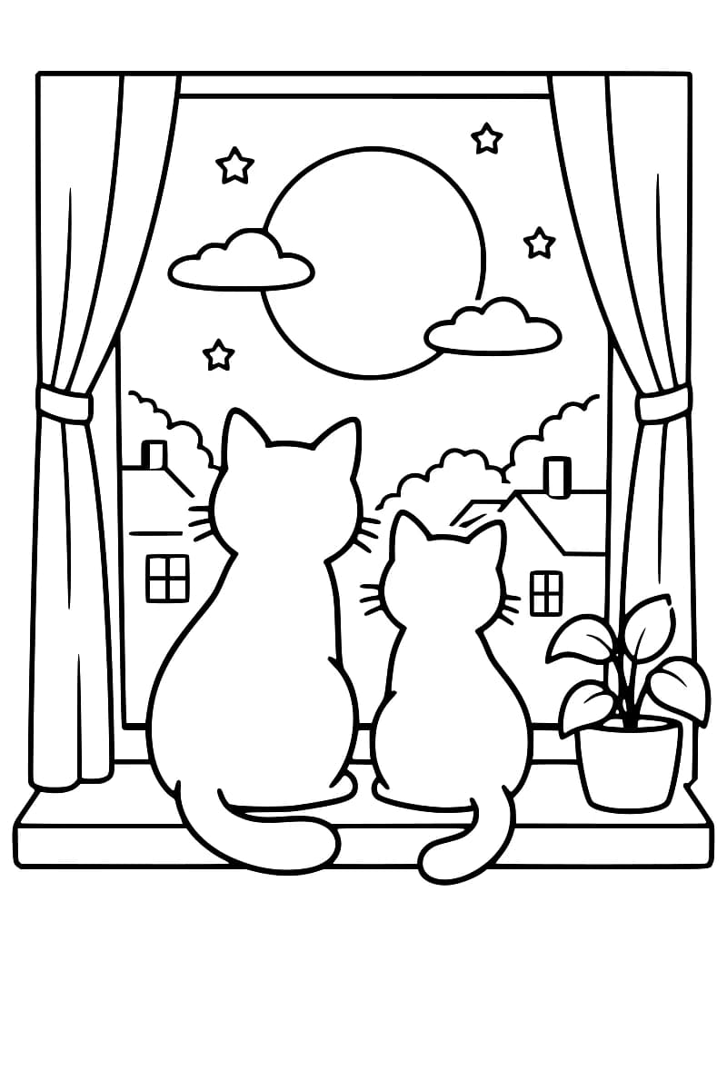 Dessin en noir et blanc montrant deux chats de dos devant une fenêtre ouverte sur une lune, des étoiles et des maisons, avec des rideaux et une plante.