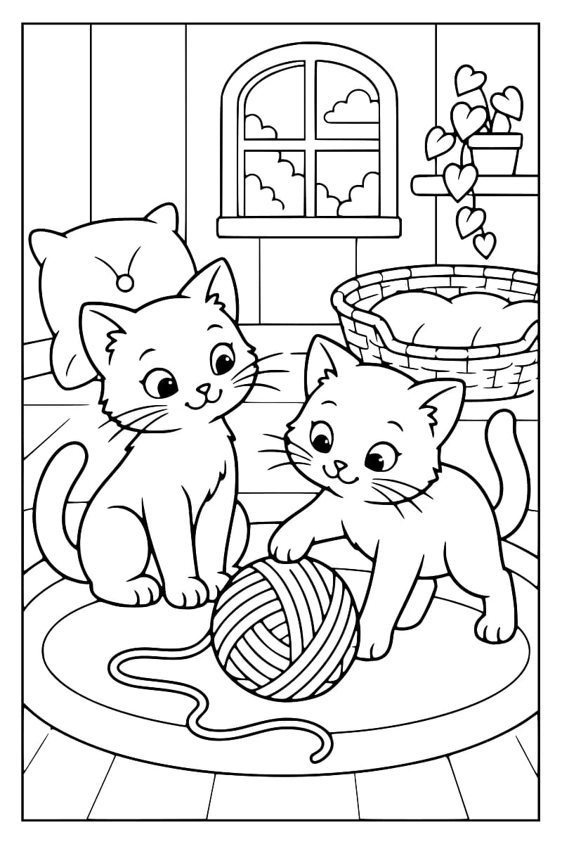 Deux chats aux silhouettes noires jouent calmement avec une pelote de laine près d’un panier et d’un coussin.