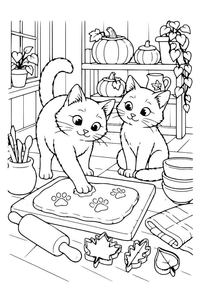 Dessin au trait de deux chats devant une plaque de pâte marquée d’empreintes de pattes, entourée d’un rouleau à pâtisserie, d’emporte-pièces en forme de feuilles et de bols, avec des citrouilles et des plantes sur les étagères.
