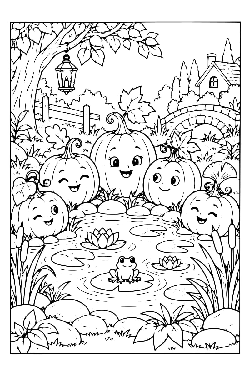 Dessin en noir et blanc de cinq citrouilles souriantes autour d’un étang avec une grenouille, des roseaux, un pont de pierre et une maison en arrière-plan.