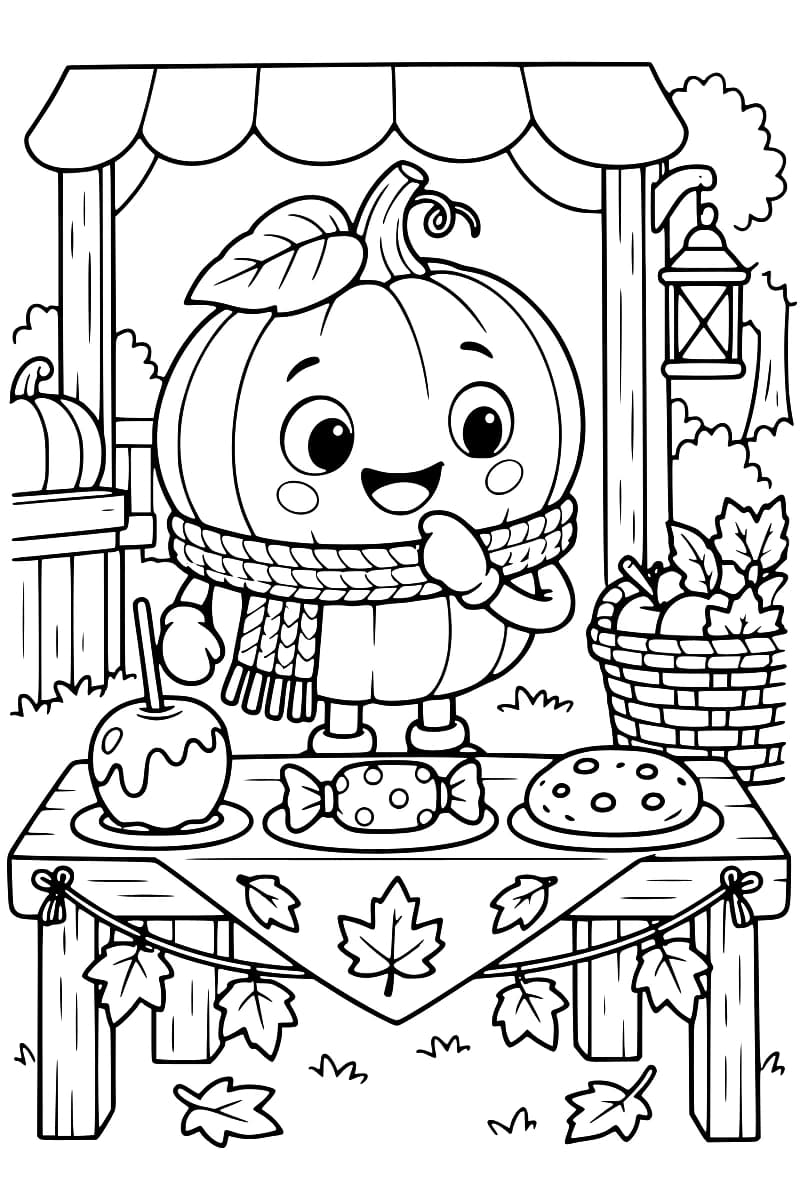 Une citrouille souriante en écharpe se tient derrière une table dressée avec une pomme d’amour, un bonbon emballé et un biscuit.