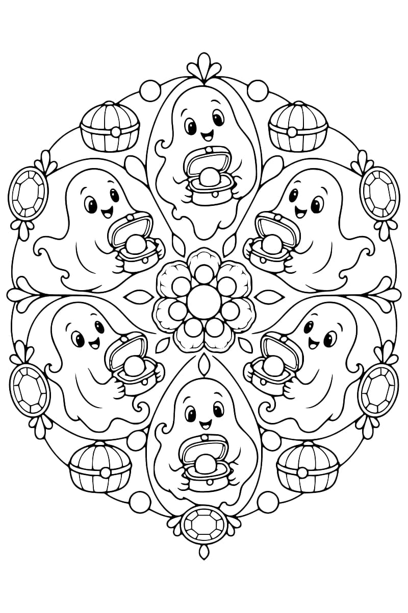 Dessin à colorier en noir et blanc de six fantômes disposés en cercle, chacun tenant un écrin ouvert avec une perle, autour d’une rosace de cercles et de pétales, avec des gemmes ovales et des coffrets ronds fermés sur le pourtour.