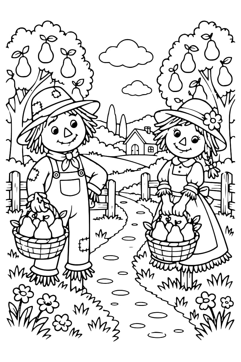 Dessin en noir et blanc montrant deux épouvantails souriants portant des paniers de poires devant un chemin, des poiriers, une clôture et une maison.