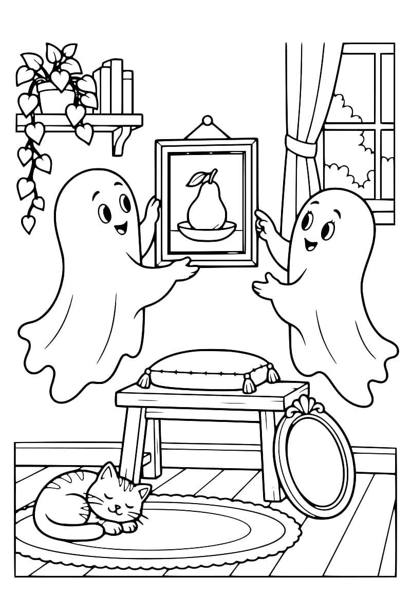 Dessin à colorier de deux fantômes tenant un tableau représentant une poire dans une coupelle. Sous le tableau, un coussin repose sur un banc et un miroir ovale est posé au sol. Un chat dort sur un tapis, près d’une étagère garnie de livres et d’une plante retombante, et d’une fenêtre à rideau.