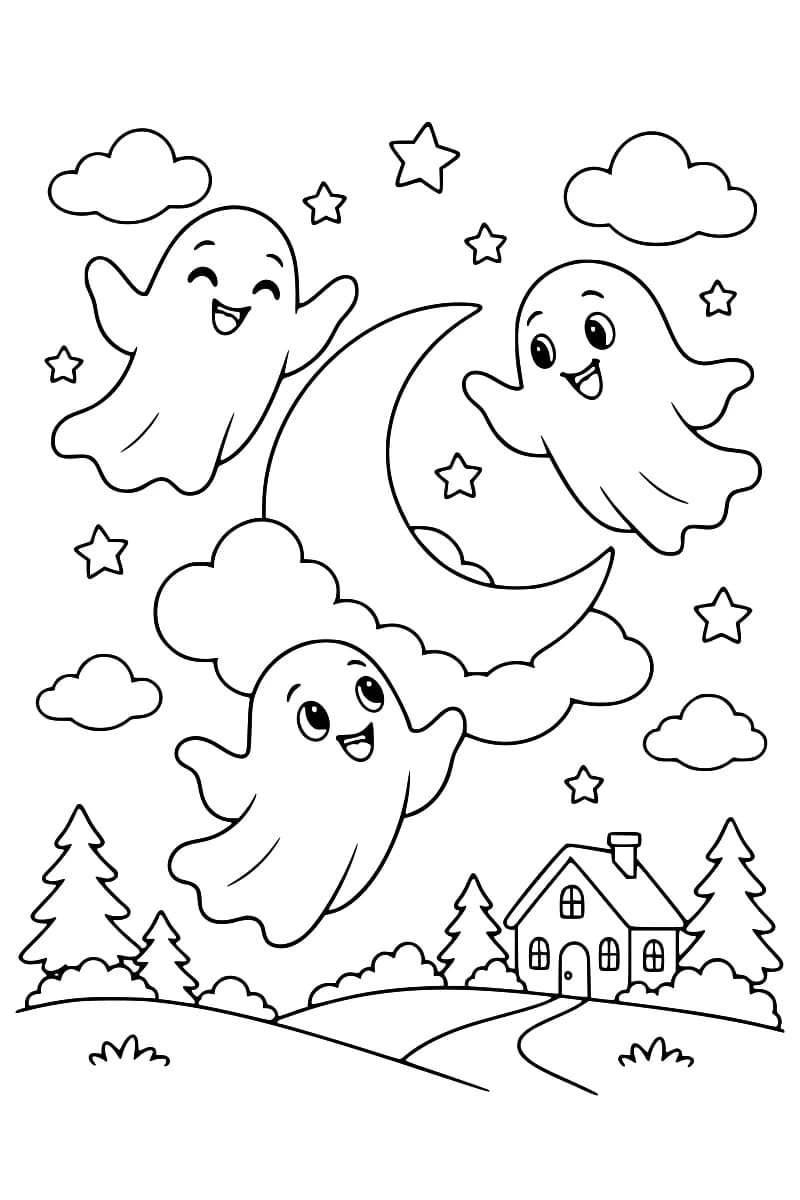 Trois petits fantômes souriants flottent autour d’un nuage en forme de croissant sous quelques étoiles.