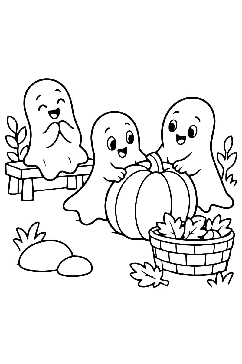 Dessin en noir et blanc à colorier représentant trois fantômes, un gros potiron, un banc et un panier dans un jardin.
