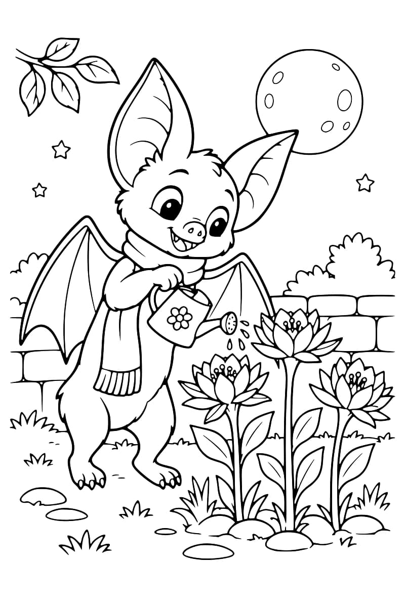 Dessin en noir et blanc d’une chauve-souris souriante, vêtue d’une écharpe, qui arrose trois fleurs avec un petit arrosoir, sous une lune et des étoiles.
