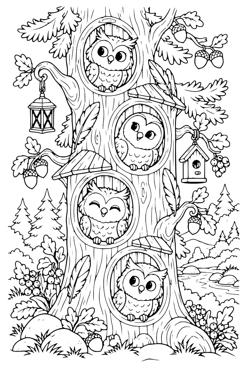 Dessin en noir et blanc montrant quatre hiboux installés dans les cavités d’un grand arbre, avec des branches, des feuilles d’automne, des glands, des baies, une lanterne et un ruisseau en arrière-plan.