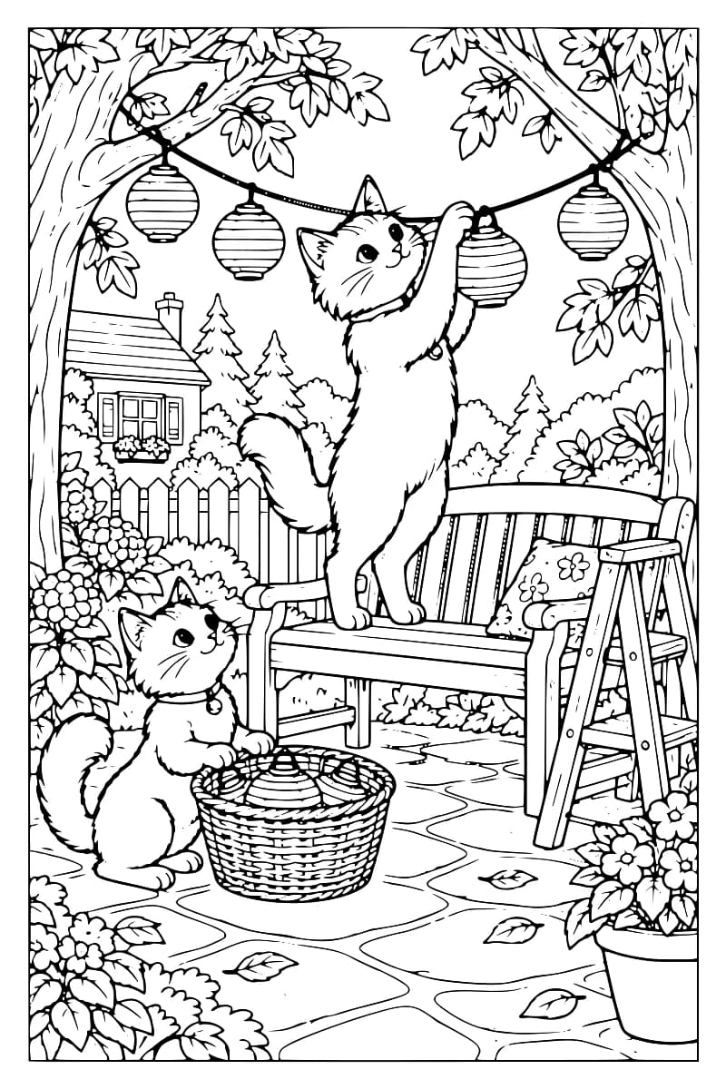 Coloriage en noir et blanc montrant deux chats dans un jardin fleuri, avec des lanternes suspendues, un banc, une maison et un panier.