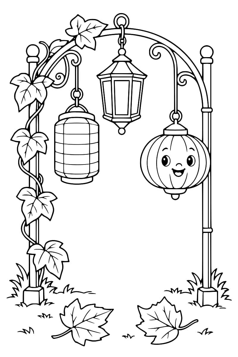 Portique de jardin portant une lanterne cylindrique, une lanterne hexagonale et une lanterne citrouille.