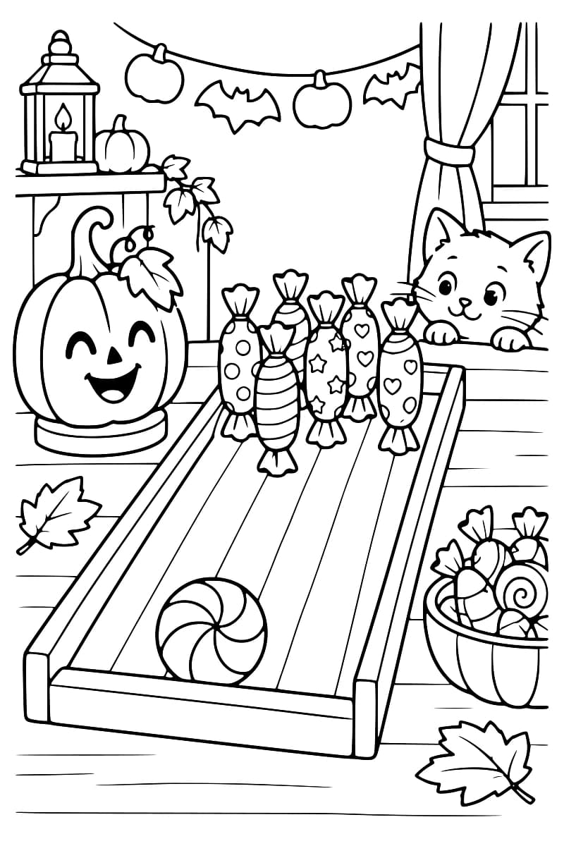 Dessin à colorier montrant six bonbons dressés comme des quilles au bout d’une piste et une boule à spirale au premier plan. Une citrouille souriante, un chat à la fenêtre, une lanterne, une guirlande de citrouilles et de chauves-souris, un bol de bonbons et des feuilles complètent la scène.