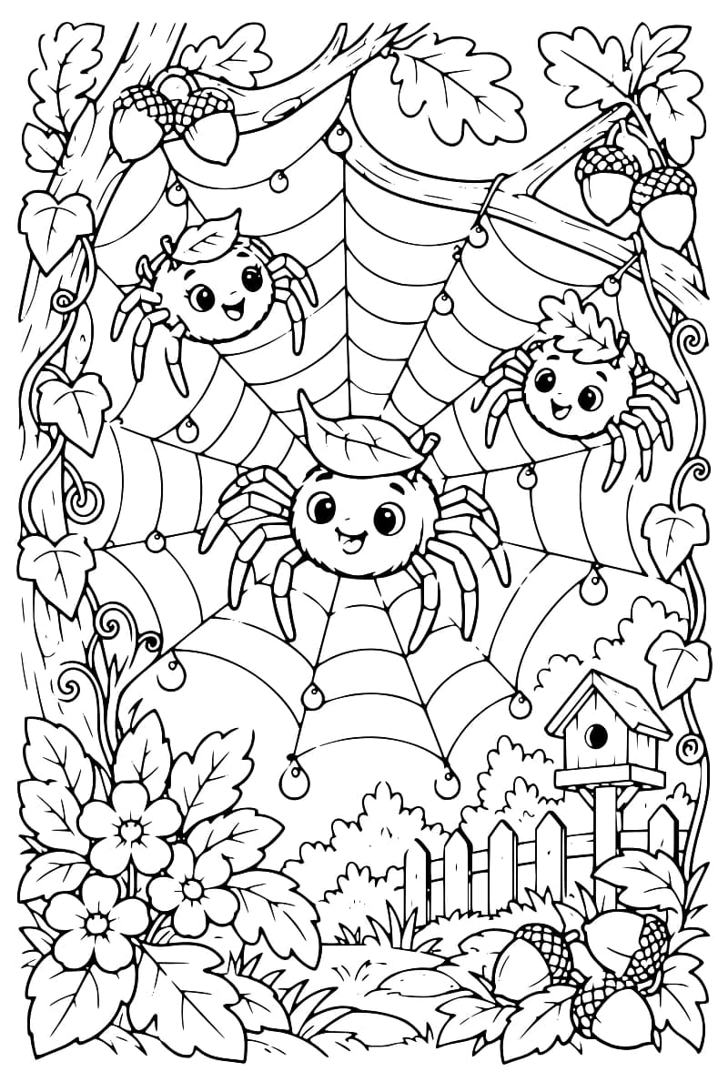 Illustration en noir et blanc montrant trois araignées rondes et souriantes sur une grande toile entre des branches, avec des feuilles, des glands, des fleurs, une clôture et un nichoir.