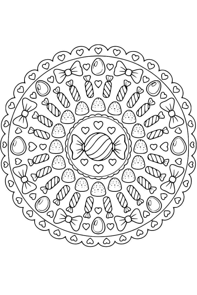 Dessin en noir et blanc d’un mandala composé de bonbons enveloppés, de sucres d’orge, de gommes, de friandises ovales, de nœuds et de cœurs.